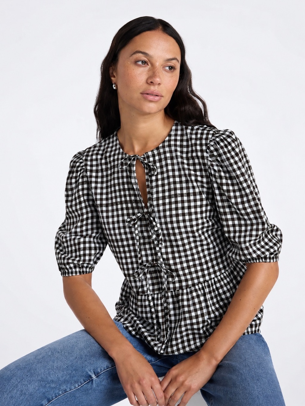 Time and Tru Gingham Peplum Tie Front Blouse Brown White Size S 4-6
